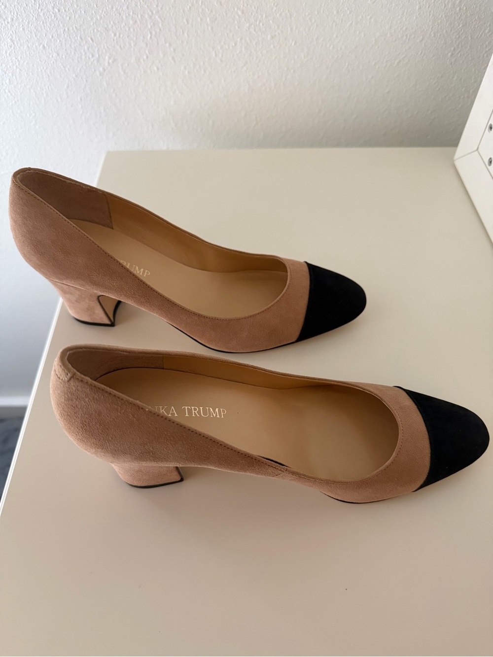 Ivanka Trump Two-Tone Suede Pumps in Beige and Black Cap Toe - Picture 5 of 7